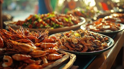 Fototapeta premium Fresh Seafood Platter with Grilled Delicacies and Colorful Dishes