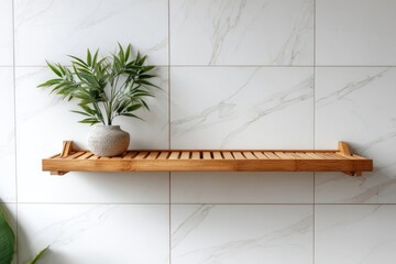 Empty bamboo shelf on white tile wall in bathroom. Copy space. Minimal composition. Zero waste and sustainable life style