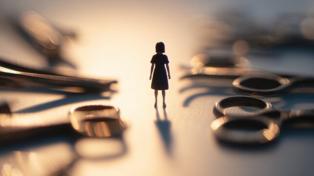 Sharply focused nurse silhouette shrinking beside outoffocus surgical clamps illustrating the impact of bariatric surgery on body transformation with dramatic size contrast.