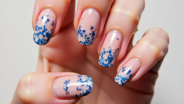 Elegant hand with pastel nails featuring blue abstract floral design. - Powered by Adobe