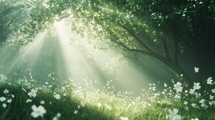 Summer meadow sunlight trees landscape.