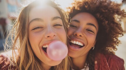 young latin woman laughing while friend inflating bubble gum closeup face of multiethnic friends enjoying outdoor street brazilian girl laughing and blowing chewing gum with friend embracing her no l
