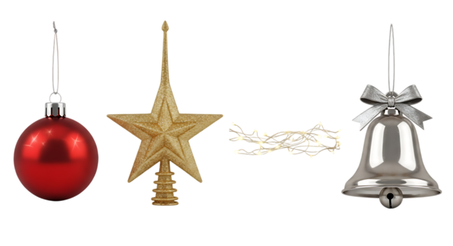 Festive Christmas Ornaments on Black Background with Red Ball Silver Bell Gold Star and Fairy Lights Decorating the Tree