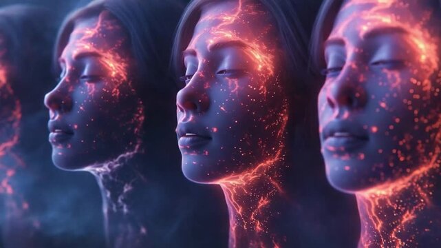 Multiple Female Profile Faces with Glowing Particles, Abstract Visual Meditation