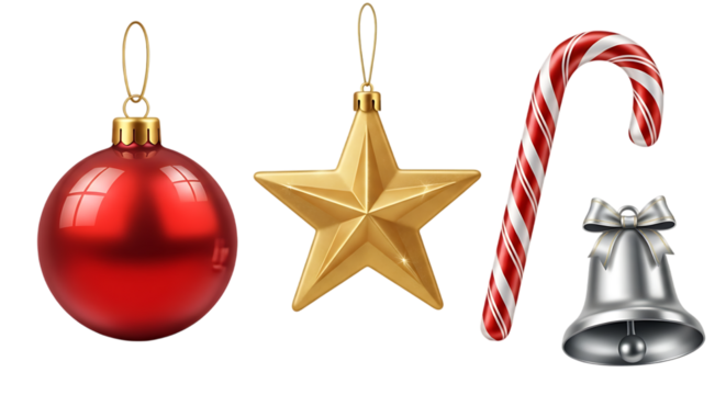 Festive Christmas Ornament Collection Red Bauble Golden Star Candy Cane and Silver Bell against Black Background