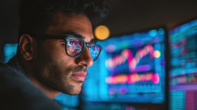 young indian business man trader wearing glasses looking at computer screen with trading charts reflecting in eyeglasses watching stock trading market financial data growth concept close up no logos 