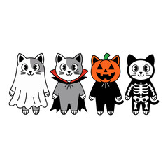 Four cats dressed up in halloween costumes isolated on white background