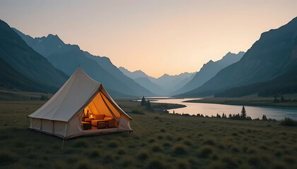 Summer alpine landscape with a lakeside cabin, a tent, and a view of the mountains under a sunset sky