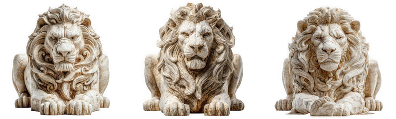 Obraz premium Three stone lion statues in a row isolated on transparent background offering a regal and timeless aesthetic