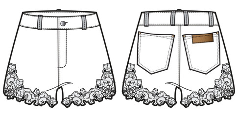 Women's embroidery Denim shorts front and back view flat sketch fashion illustration, Micro lace Denim shorts drawing vector template © Fathima Flats