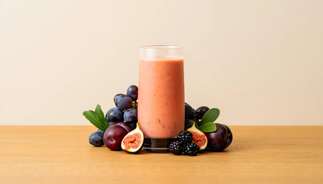 Christmas candle on a wooden table with fresh red berries and sweet green grapes
