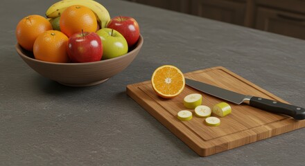 A bowl of fruit with bananas apples and oranges next to a cutting board with a knife and sliced fruit