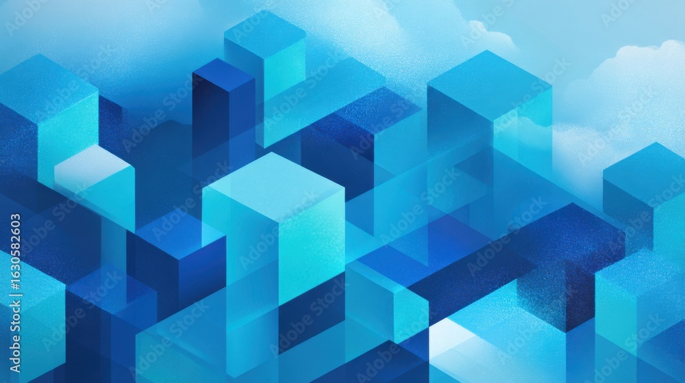 Poster bold blue geometric forms stack and overlap, creating a visually striking abstract composition. soft