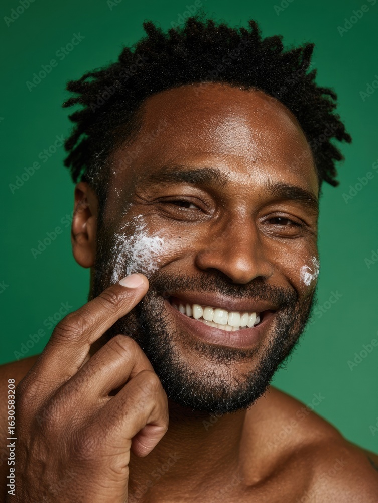 Poster man applying facial cream with a smile against a bright green background while engaging in skincare 