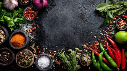 A variety of herbs and spices is artistically arranged on a dark stone surface. Colorful ingredients include chili peppers, coriander, and peppercorns, enhancing culinary creativity and flavor.