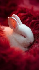 Adorable white rabbit peacefully sleeping on soft red fur, capturing a cozy heartwarming moment perfect for animal lovers.

