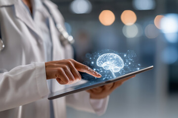 A doctor is pointing at a brain on a tablet
