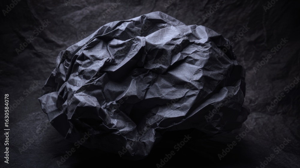 Poster a crumpled ball of black paper sits in the center of a dark backdrop. the soft lighting highlights t