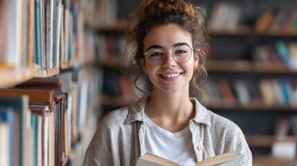 A young woman stands in a library holding a book with a warm smile. Surrounded by towering shelves filled with various books, she exudes joy and enthusiasm for reading.
