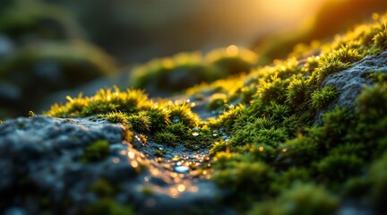 Sunlight illuminates vibrant green moss growing on a rock, creating a beautiful natural scene