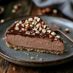 A rich, decadent slice of chocolate tart with a nutty topping on a white plate.