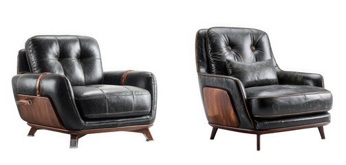 Two luxurious leather armchairs with wooden accents for a comfortable and stylish living room isolated on transparent background