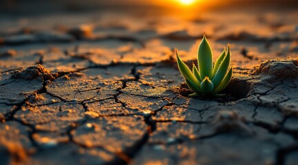 A small green plant emerges from the cracked, dry earth, symbolizing resilience in a droughtstricken landscape