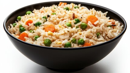 Delicious Vegetable Fried Rice in a Black Bowl on White Background