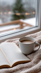 Cozy winter morning with coffee and book in wool knit blanket by window