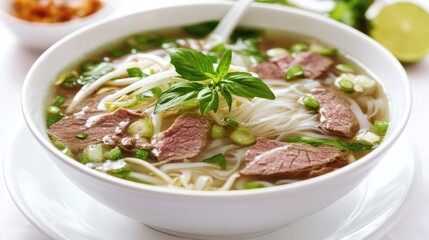 Delicious Vietnamese Noodle Soup with Fresh Herbs and Meat Slices