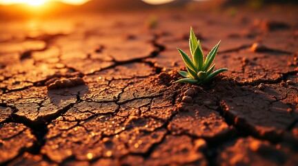 A tiny green plant sprouts from the parched earth, representing hope and resilience in a dry landscape at sunset