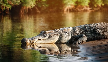 crocodile resting on the river bank in river