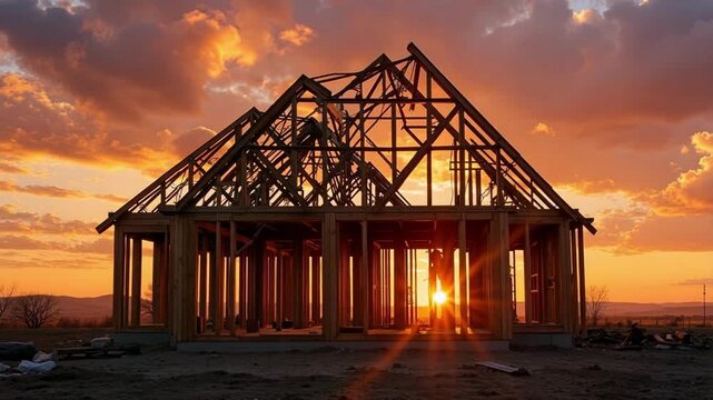 Experience the inspiring journey of home building with this stunning view of a newly framed house silhouetted by a vibrant golden hour sunset.