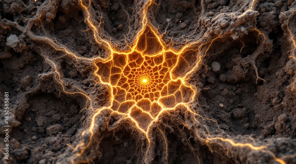 Poster a fractal pattern of cracks and light forms an abstract design in the earth
