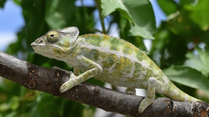 Fototapeta premium A chameleon rests on a sturdy branch, surrounded by vivid green leaves. Its skin features intricate patterns and colors, showcasing its natural camouflage in the daylight.