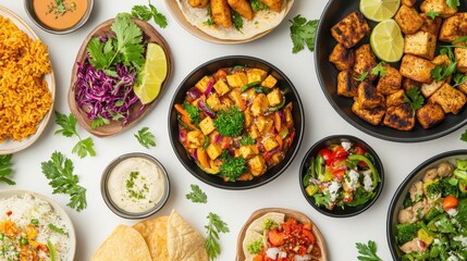 Vibrant and Diverse Array of Colorful Dishes on a White Background