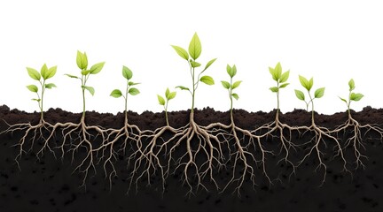 Green seedlings with intricate root systems grow in soil, isolated on white background