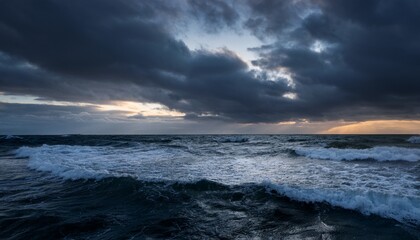 dark stormy ocean waves under a cloudy sky at twilight creating a moody atmosphere