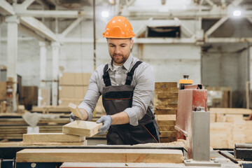 Carpenter working with wooden planks in furniture factory for modular building industry