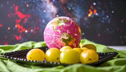 Earth-like globe rests on a plate of yellow plums against a cosmic backdrop