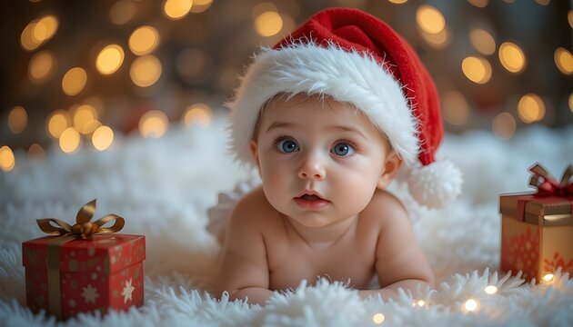 Christmas-themed baby photo with infant in a Santa hat surrounded by fairy lights and gift boxes."