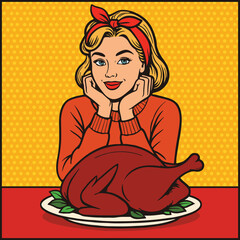 Thanksgiving Dinner Pop Art &ndash; Retro Woman with Roast Turkey for Thanksgiving cards, seasonal posters, social media posts, and holiday-themed kitchen decor.