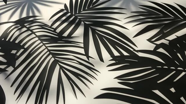 Abstract black and white design features palm leaves casting soft shadows creating a natural, tropical and minimalist backdrop.