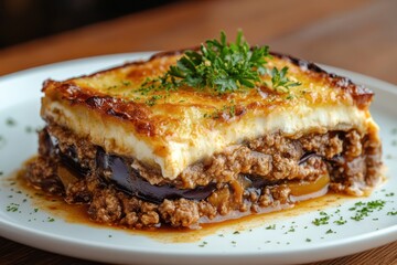 Classic Greek moussaka served on white plate