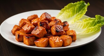 A plate of glazed tofu cubes with lettuce on a white plate on a dark table