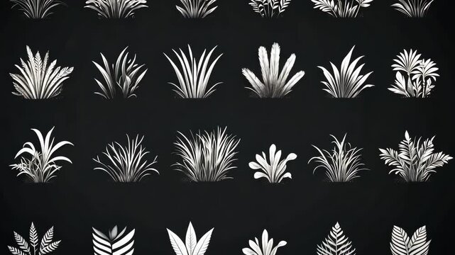 Botanical illustration seamless pattern featuring grass tufts, diverse foliage and leafy plants on a dark background