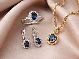 Sapphire and diamond jewelry set on pink silk ring