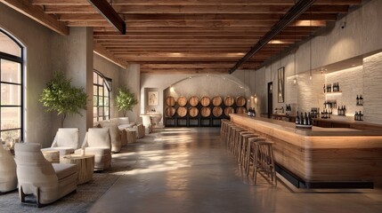 Winery tasting room interior design, sunlight streams in, barrels, seating