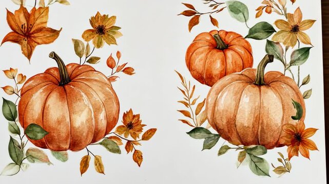 Watercolor illustration of pumpkins and fall foliage in a decorative autumnal arrangement on a white background. Ideal for seasonal themes.