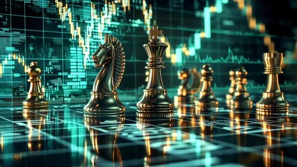 Golden chess pieces are positioned on a chessboard with glowing stock market data visible in the background, strategic financial concept. - Powered by Adobe